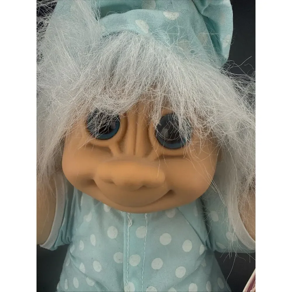 Vtg Russ Troll Kidz Spanky Doll Blue White Polka Dot Pajamas Nightcap Plush 12